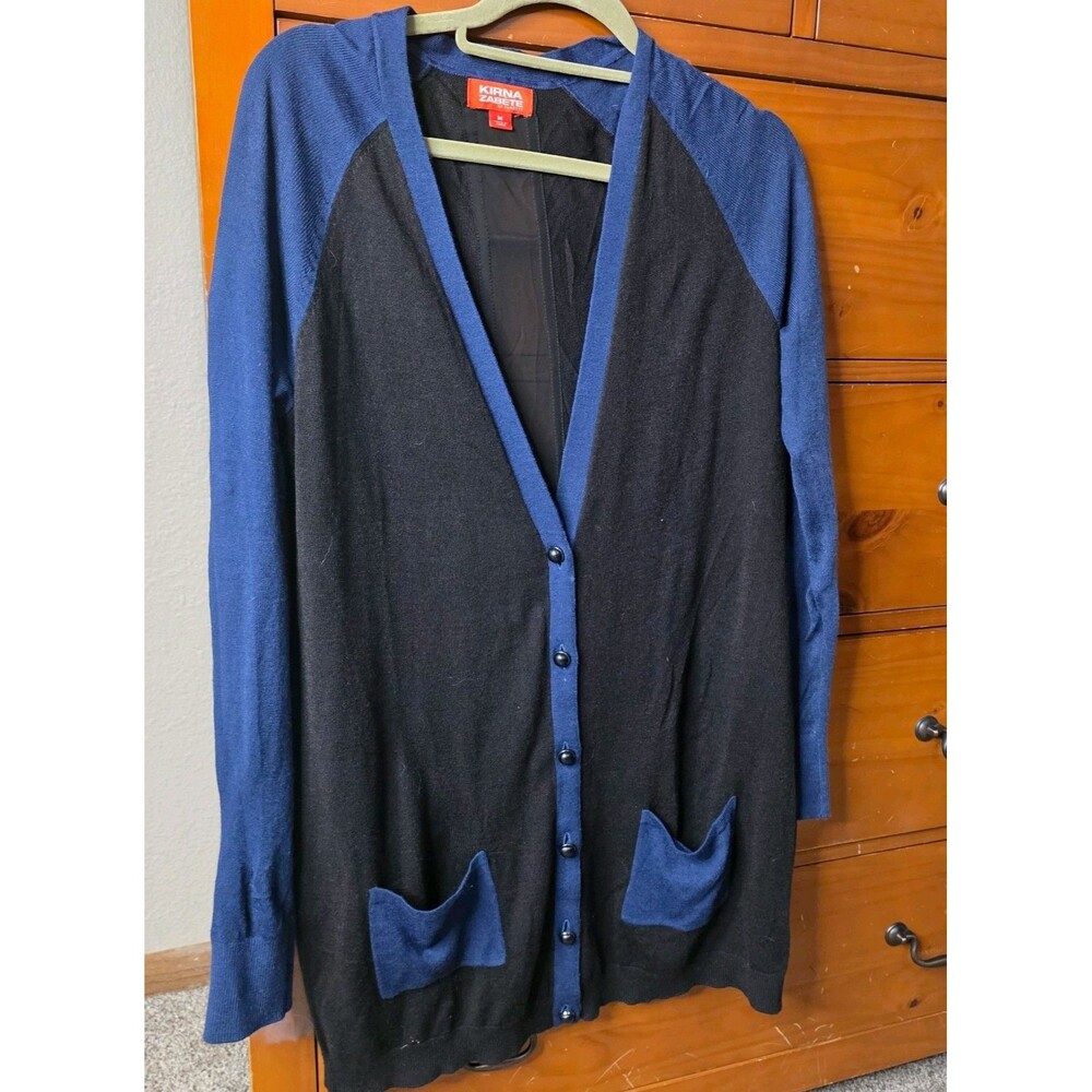 Kirna Zabete Long Cardigan Size Medium Black Blue Pockets Button Dramatic